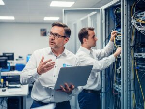 Zwei Mahr EDV Mitarbeiter arbeiten im Serverraum, einer mit Laptop und einer am Netzwerkschrank