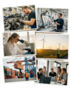 Bildcollage aus sechs Fotos zeigt verschiedene Branchen mit Maschinenbau, Robotik, Forschung, Energie, Logistik und IT Zusammenarbeit