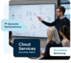 Mahr EDV Mitarbeiter präsentiert einer Kundengruppe in einem Besprechungsraum eine Cloud Strategie und Architektur auf einem großen Bildschirm