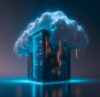 Server mit Visualisierung einer leuchtenden Cloud darüber als Symbol für Cloud Computing und digitale Infrastruktur