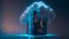Server mit Visualisierung einer leuchtenden Cloud darüber als Symbol für Cloud Computing und digitale Infrastruktur