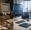 Vorher Nachher Visualisierung einer IT Modernisierung mit alter Computertechnik und moderner IT Infrastruktur