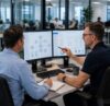 Mahr EDV Berater macht ein IT Security Sicherheitsaudit bei einem Kunden an zwei Monitoren im Büro