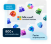 Grafik zeigt das Microsoft Solutions Partner Logo, umgeben von Microsoft Anwendungen wie Copilot, Excel, SharePoint, Defender, Outlook, OneNote, OneDrive, Word, PowerPoint und Teams