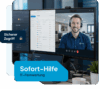 Zwei Bildschirme zeigen ein IT Monitoring Dashboard, eine Ticketübersicht und einen Mahr EDV Mitarbeiter in einer Videokonferenz als remote support