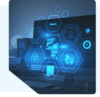 digitale Visualisierung von sechseckigen security operations Symbolen wie einem Schloss, Diagrammen und Analyseergebnissen