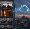 Visualisierung eines Serverbrandes im Bürogebäude, während Daten über eine sichere Cloud Backup Lösung geschützt werden.