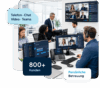 Mehrere Mitarbeitende nutzen Telefon, Chat und Videokonferenzen an modernen Computerarbeitsplätzen mit 3CX Telefonanlage und Teams Oberfläche