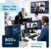 Mehrere Mitarbeitende nutzen Telefon, Chat und Videokonferenzen an modernen Computerarbeitsplätzen mit 3CX Telefonanlage und Teams Oberfläche