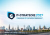 Logo der IT-Strategie 2027 mit Stadtsilhouette von Wien, Hamburg und Düsseldorf