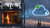 Visualisierung eines Serverbrandes im Bürogebäude, während Daten über eine sichere Cloud Backup Lösung geschützt werden.