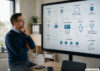 Mann sitzt an Schreibtisch und schaut sich digitale Tafel mit Schaubild zur Systemintegration