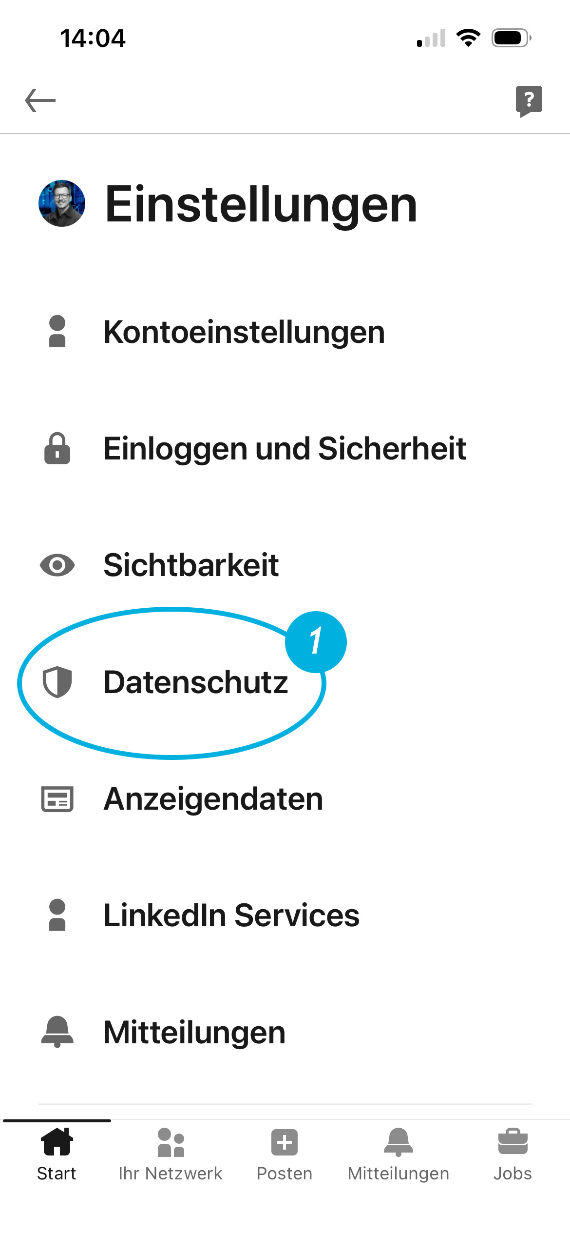 LinkedIn Datenschutz Schritt 1